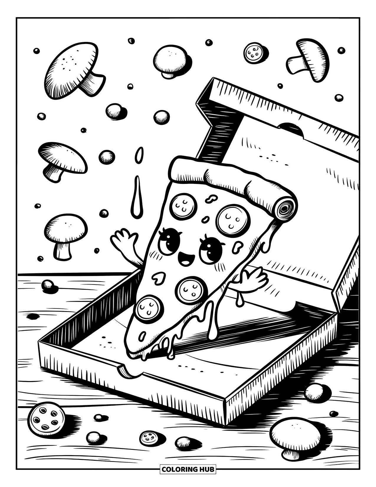 Pizza Coloring Page for Adults: A cute pizza slice with tiny hands waving from inside an open box, with mushrooms and cheese drips