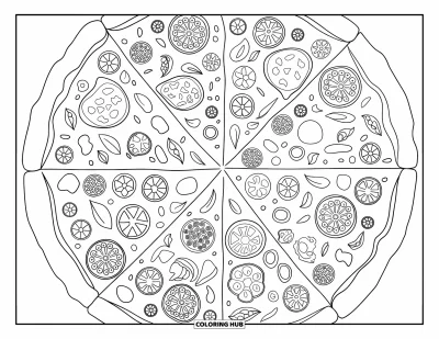Målarbild med pizza för vuxna: En dekorativ pizzaillustration fylld med små pålägg, mönster och konstnärliga skorpdetaljer