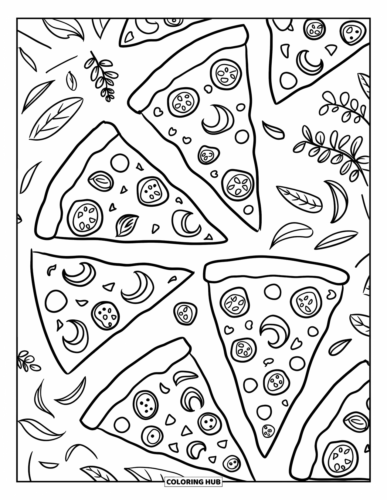 Pizza Coloring Page for Adults: A detailed pizza pattern with cheese swirls, herbs, and tomato slices for a fun coloring experience