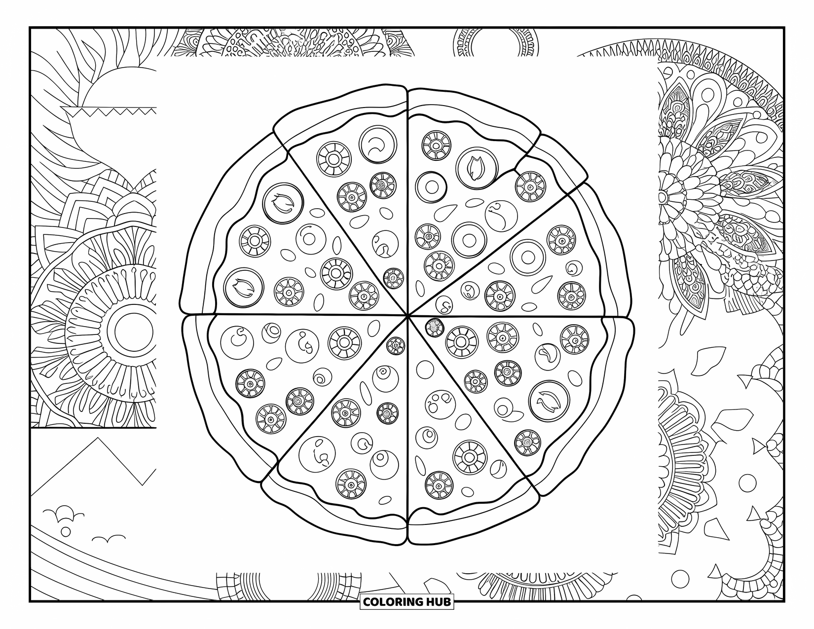 Pizza Coloring Page for Adults: A detailed top-down view of a pizza with intricate toppings, patterns, and artistic crust designs