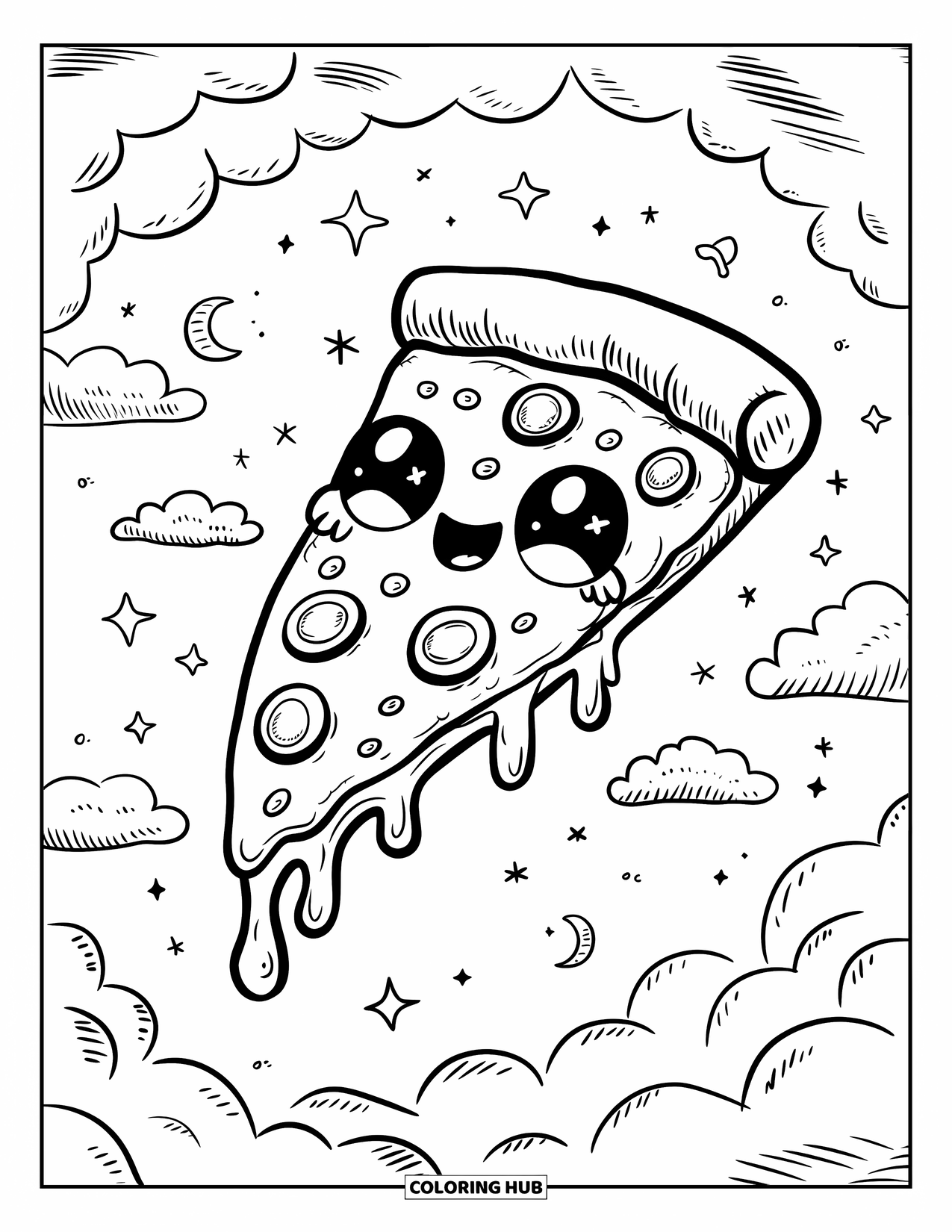 Pizza Coloring Page for Adults: A dreamy pizza slice with a cute face, surrounded by clouds, stars, and a magical sky