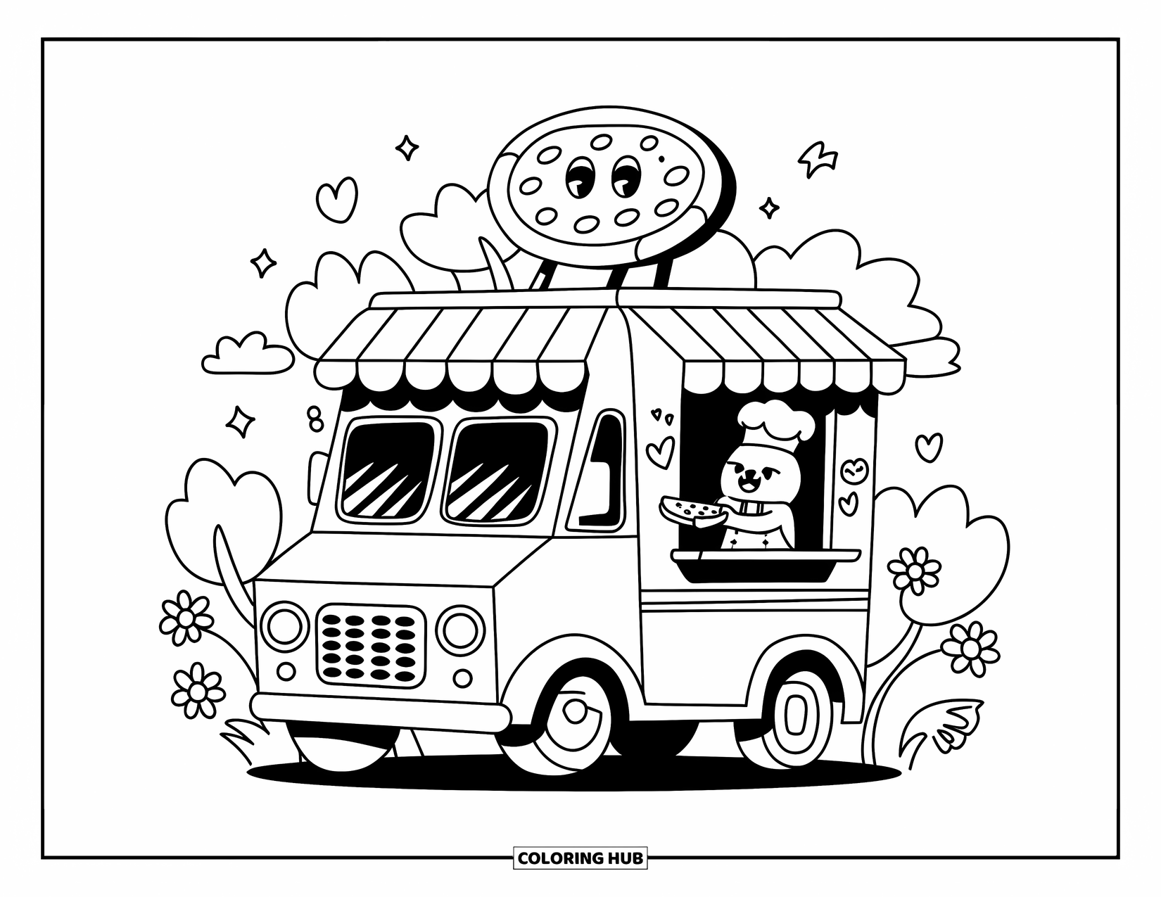 Pizza Coloring Page for Adults: A fun pizza truck scene featuring a bear chef, a striped awning, and adorable miniature elements