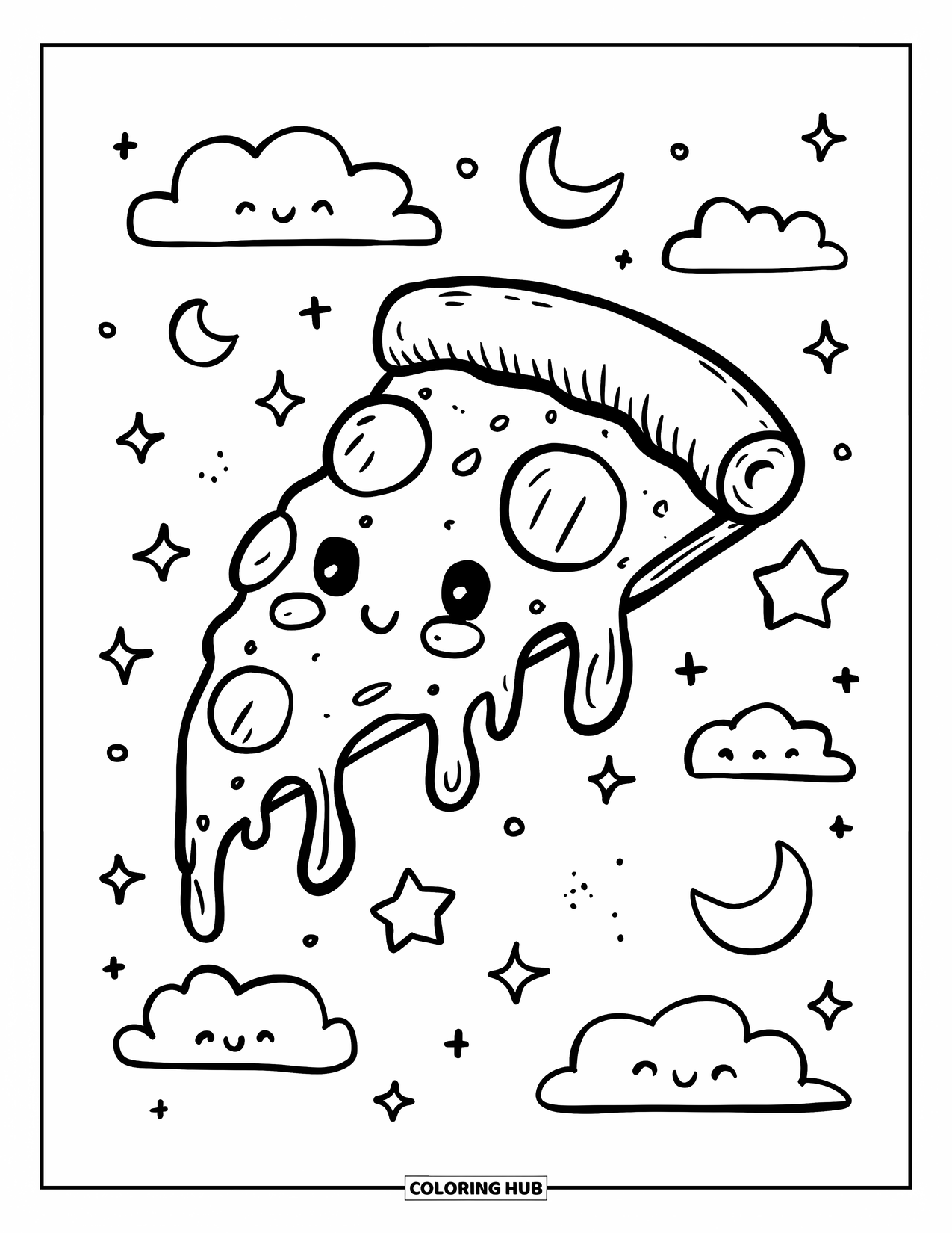 Pizza Coloring Page for Adults: A giant kawaii pizza slice floating among fluffy clouds, twinkling stars, and crescent moons