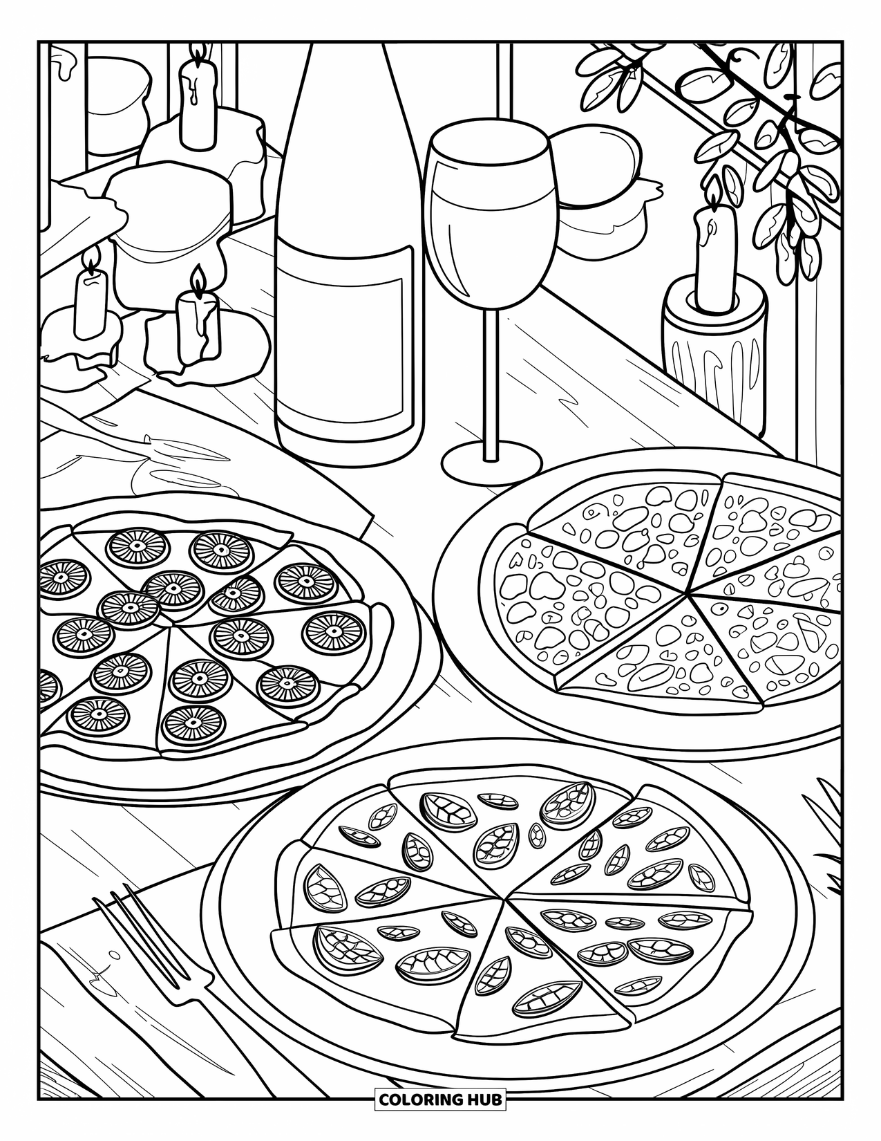 Pizza Coloring Page for Adults: A gourmet pizza scene featuring different pizzas, a wine bottle, and a rustic candlelit setting