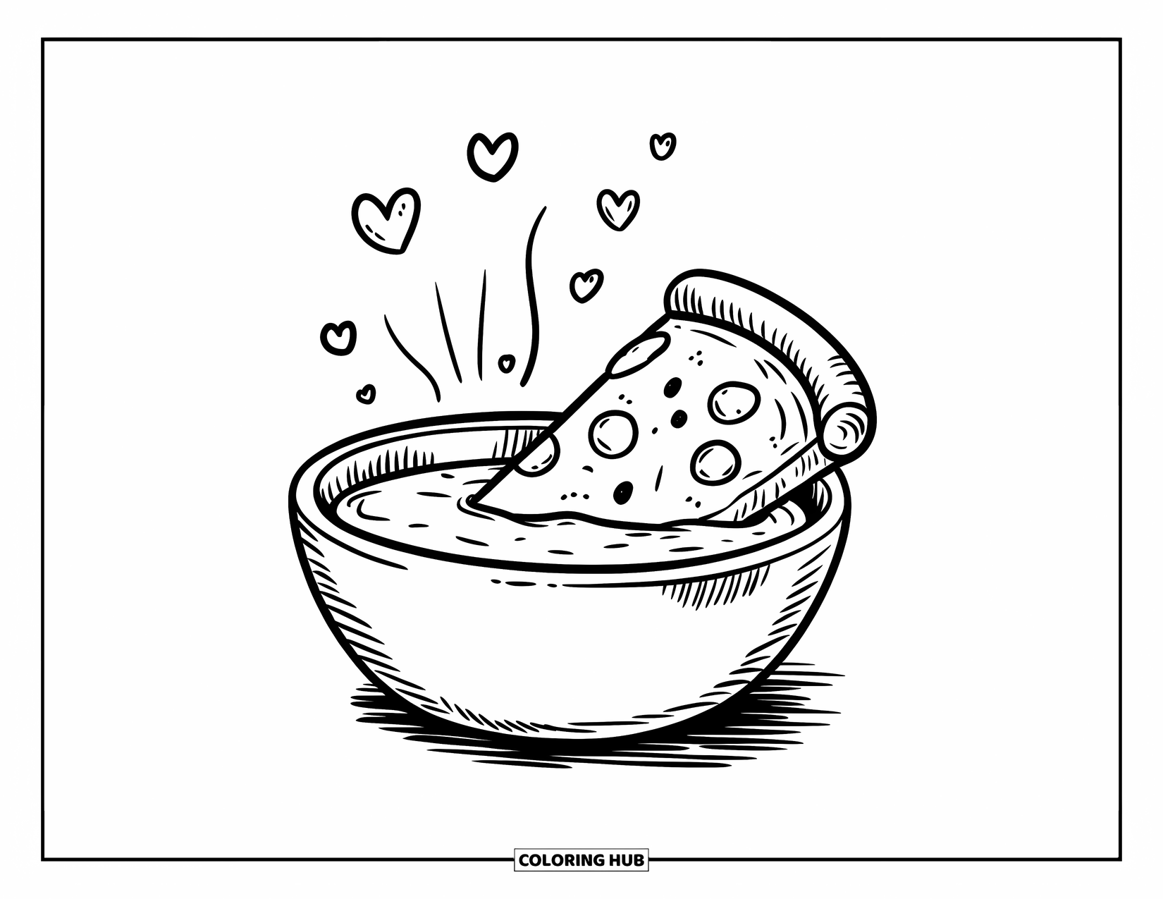 Pizza Coloring Page for Adults: A happy pizza slice soaking in tomato sauce, surrounded by tiny heart bubbles in a spa-like scene