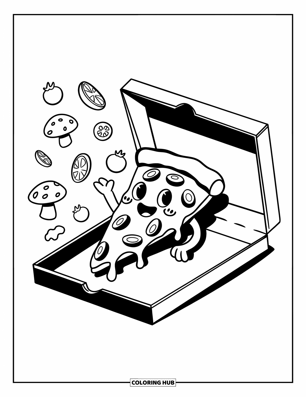 Pizza Coloring Page for Adults: A happy pizza slice waving inside an open pizza box, surrounded by floating toppings