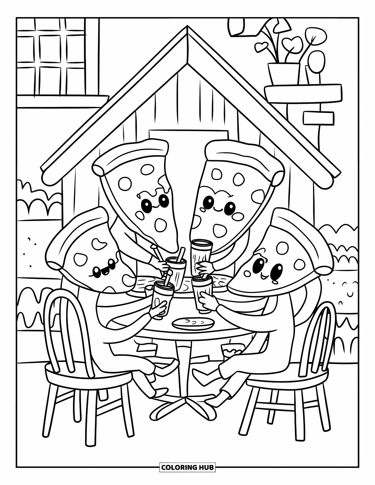 Pizza Coloring Page for Adults: A kawaii pizza party with tiny pizza slices clinking soda cups in a cozy house setting