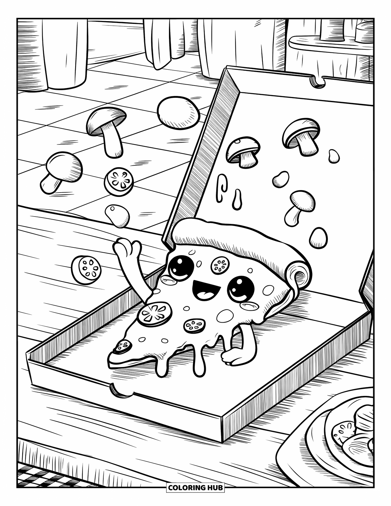Pizza Coloring Page for Adults: A kawaii pizza slice waving inside a box, with a cozy background featuring a checkered floor
