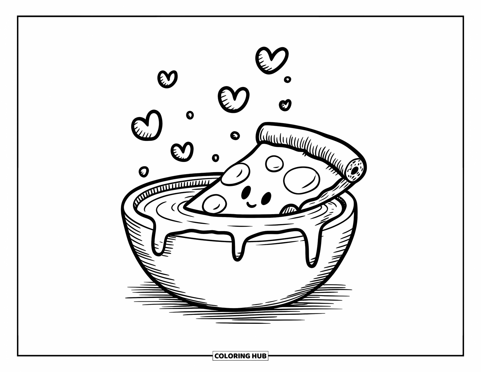 Pizza Coloring Page for Adults: A kawaii-style pizza slice enjoying a tomato sauce hot tub with floating heart bubbles