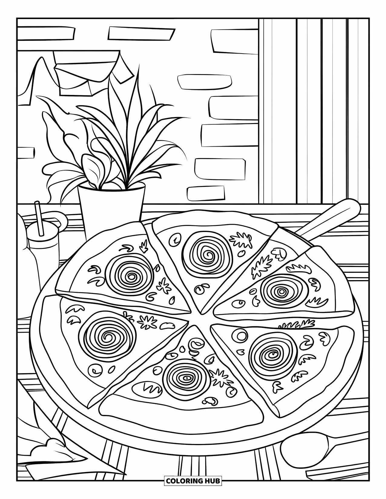 Pizza Coloring Page for Adults: A pizza illustration with multiple slices, herbs, and toppings on a rustic wooden platter