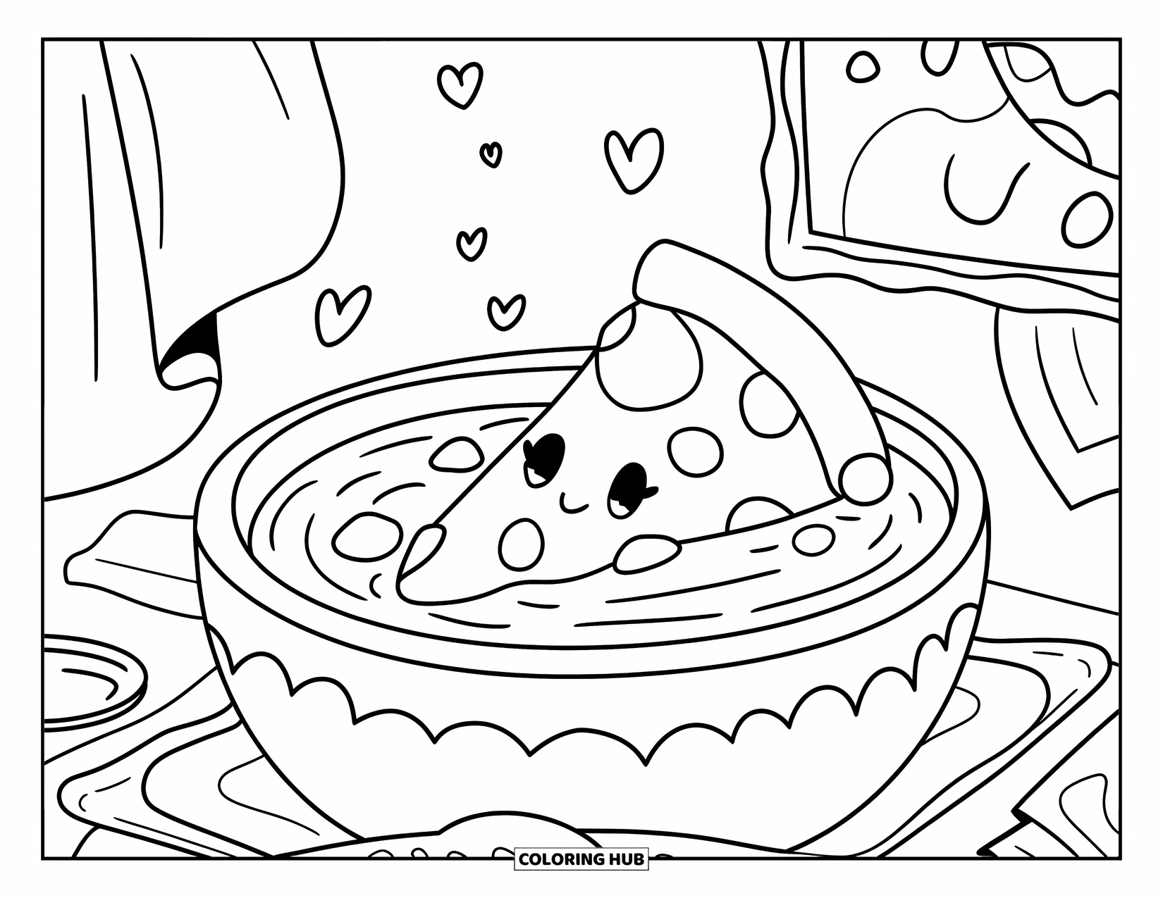 Pizza Coloring Page for Adults: A pizza slice lounging in a tomato sauce bath with a towel, spoon, and plate nearby