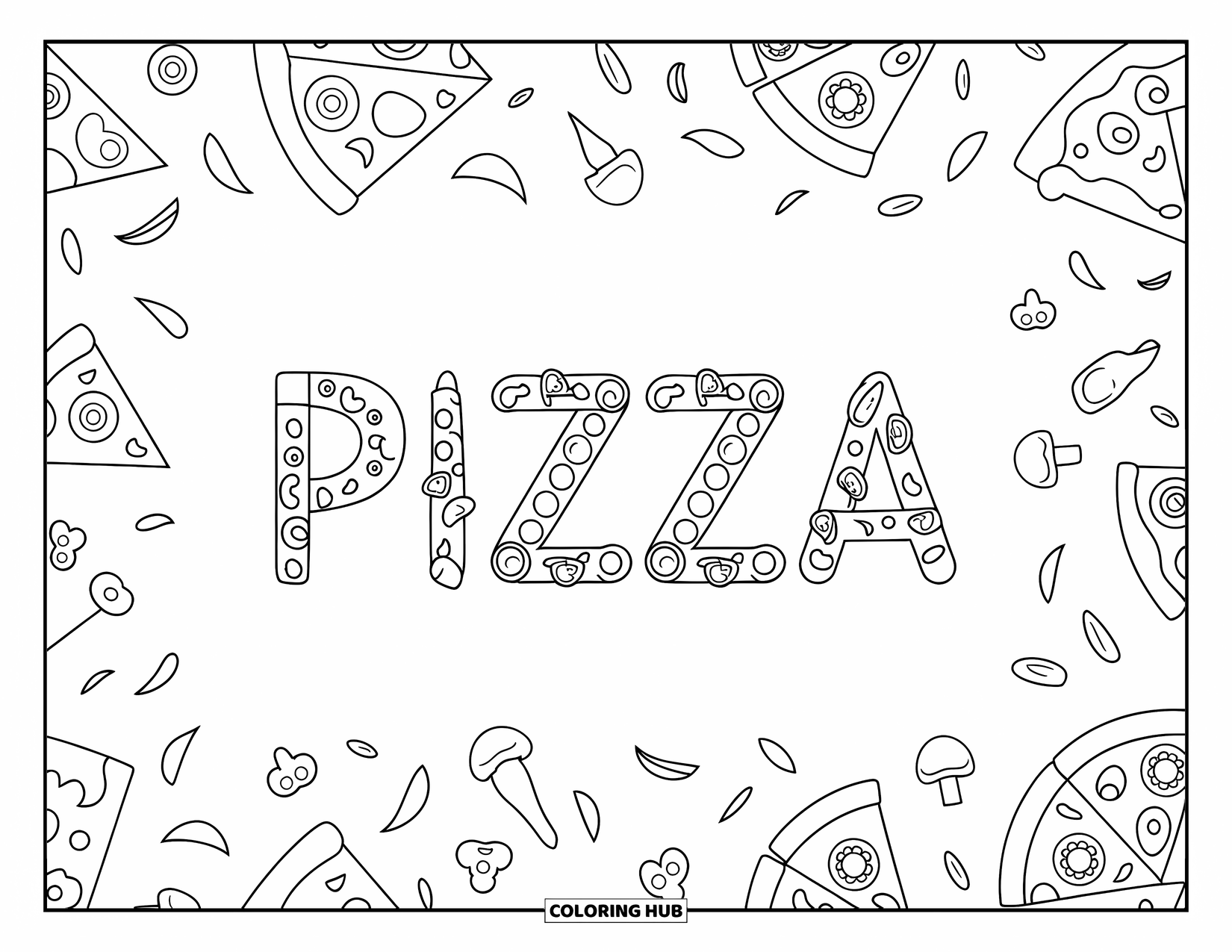 Pizza Coloring Page for Adults: A pizza-themed lettering design with slices forming the word "Pizza" and extra toppings all around