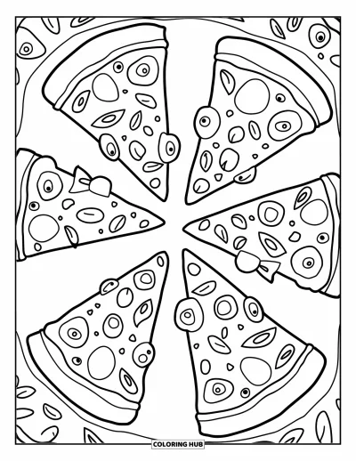 Målarbild med pizza för vuxna: Ett lekfullt pizzamönster arrangerat i en cirkulär design med dekorativa element och tydliga konturer