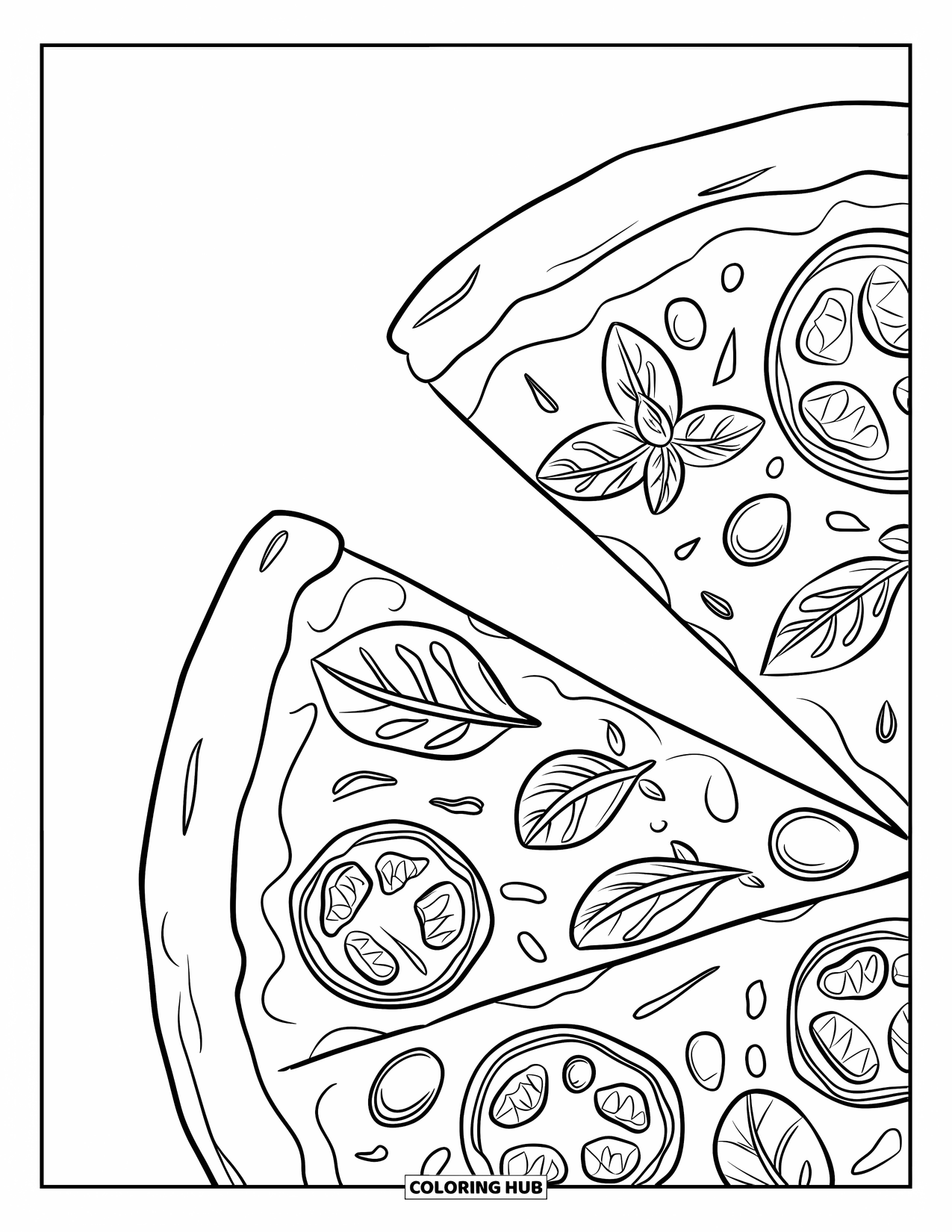 Pizza Coloring Page for Adults: A realistic pizza slice with basil, tomatoes, and melted cheese, perfect for a coloring experience