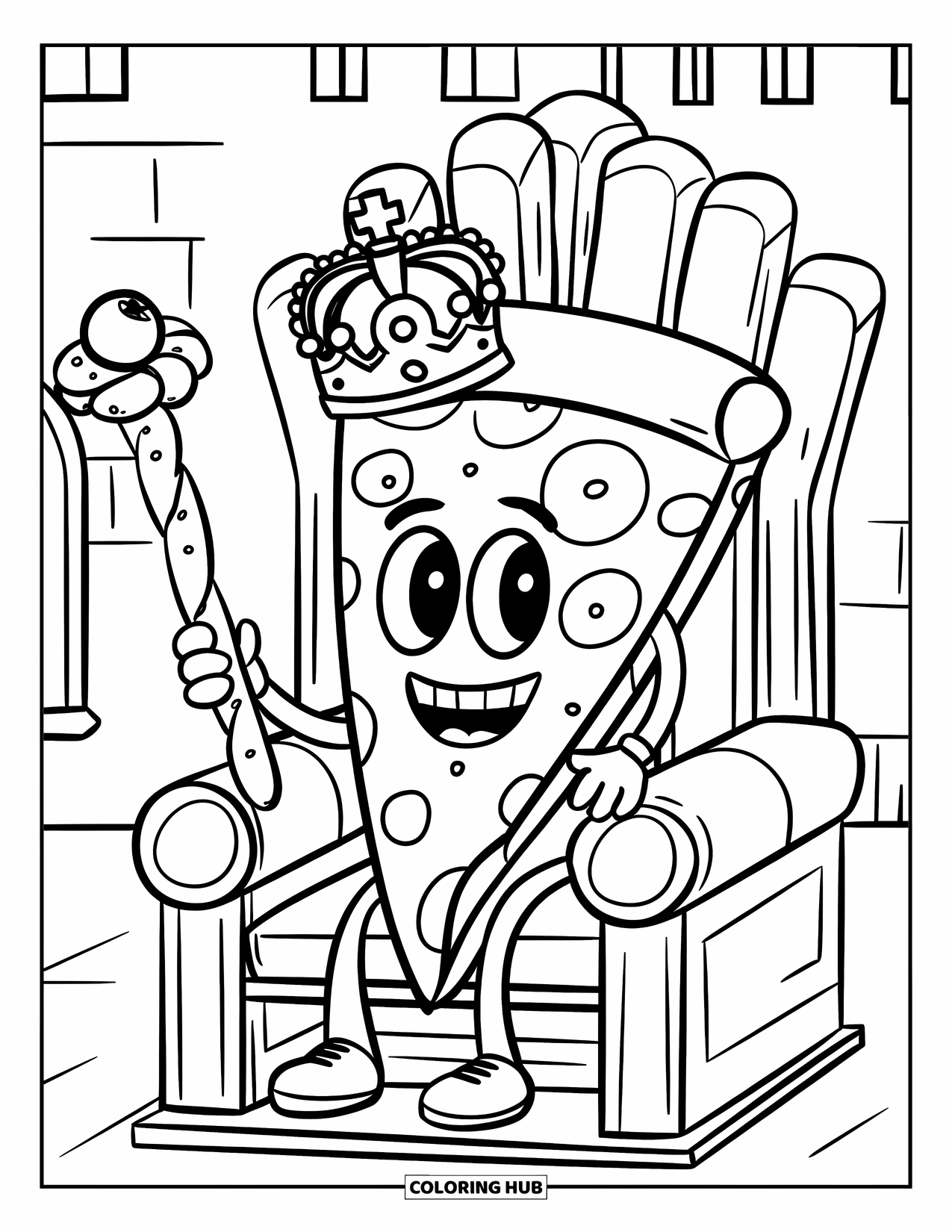 Pizza Coloring Page for Adults: A smiling pizza slice wearing a crown, holding a breadstick scepter, with a castle in the background
