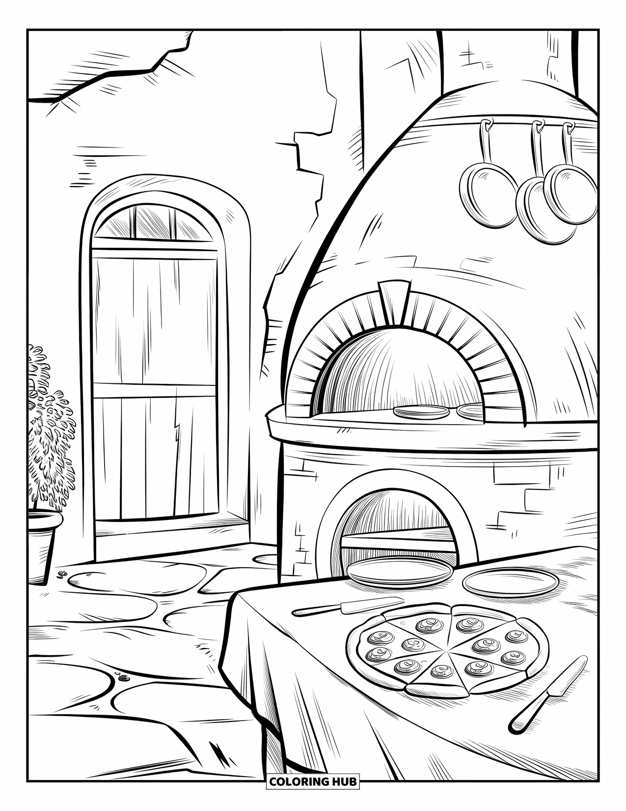 Pizza Coloring Page for Adults: A traditional Italian pizzeria with a brick oven, wooden furniture, and a welcoming atmosphere