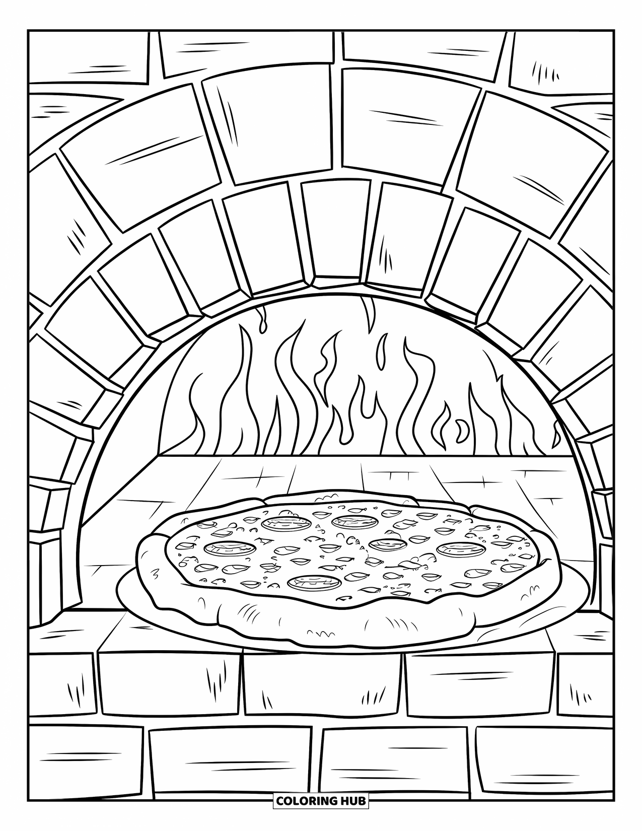 Pizza Coloring Page for Adults: A traditional oven with a freshly baked pizza, surrounded by rustic textures and warm flames