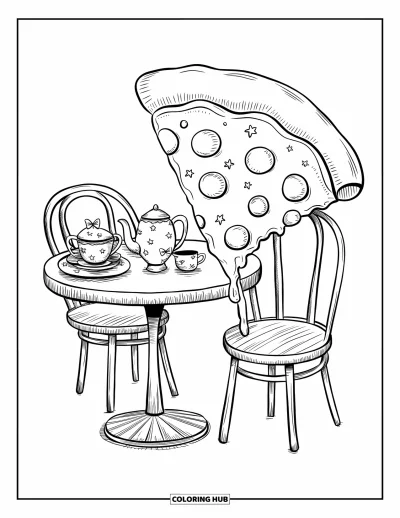 Målarbild med pizza för vuxna: Ett varmt och inbjudande pizzakafé med en pizzabitsstol, en söt teservis och små dekorationer