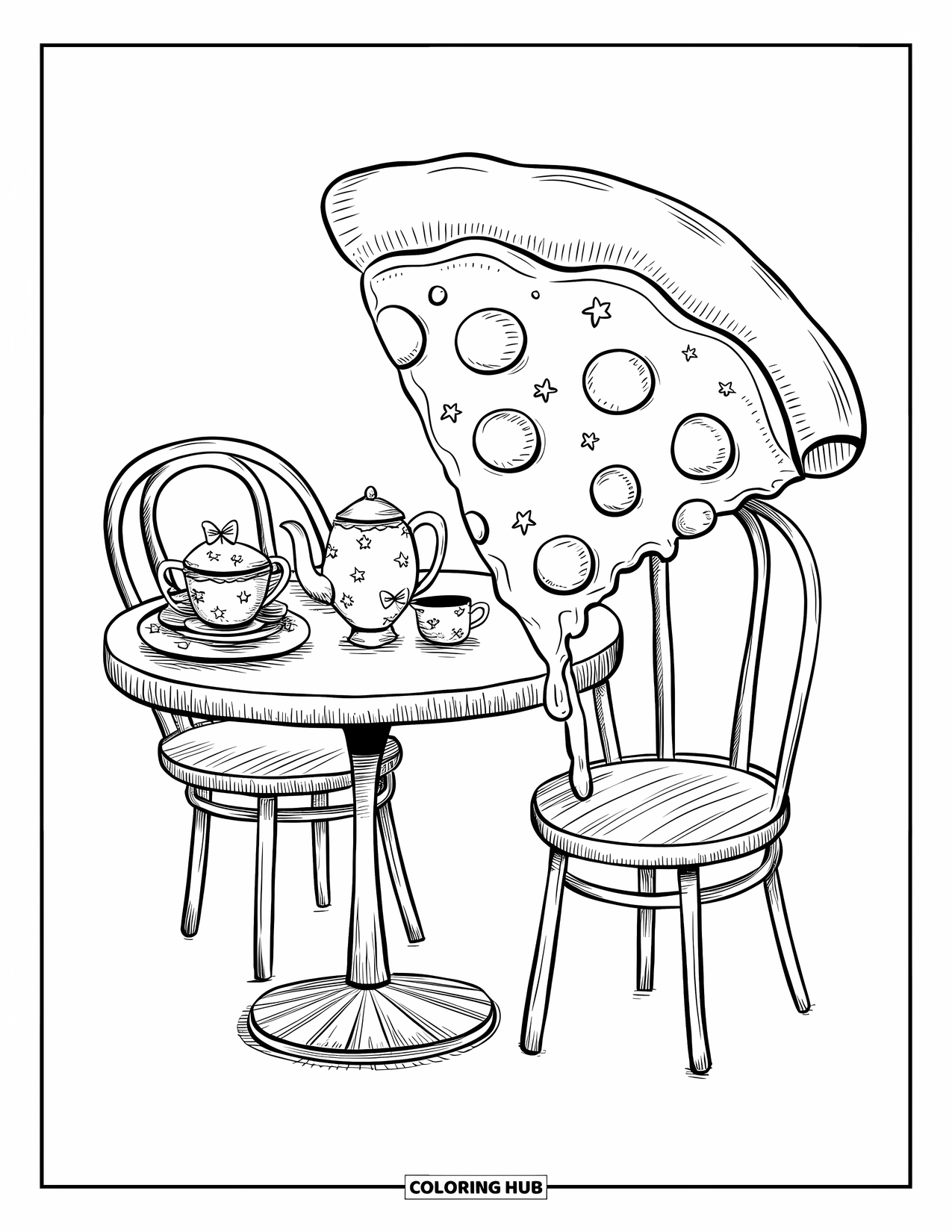 Pizza Coloring Page for Adults: A warm and inviting pizza café with a pizza slice chair, a cute tea set, and tiny decorations