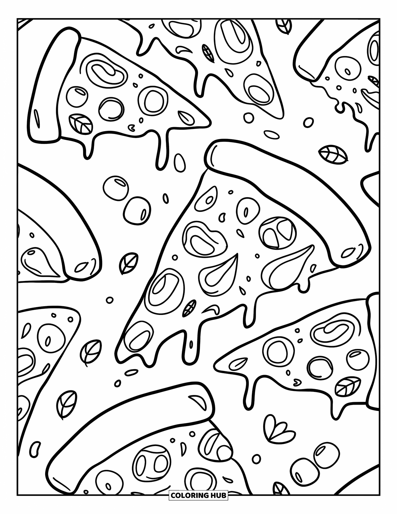 Pizza Coloring Page for Adults: A whimsical pizza-themed pattern featuring multiple slices, cheese swirls, herbs, and tomatoes