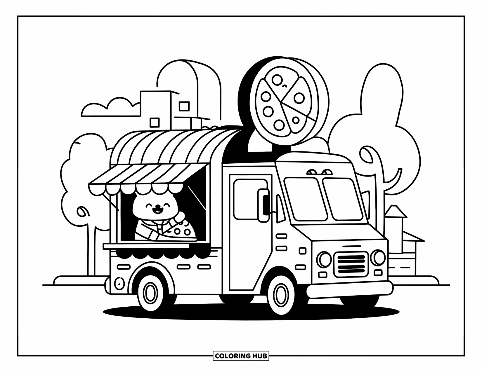 Pizza Coloring Page for Adults: An animated pizza truck with a tiny serving window, a smiling sign, and playful background details
