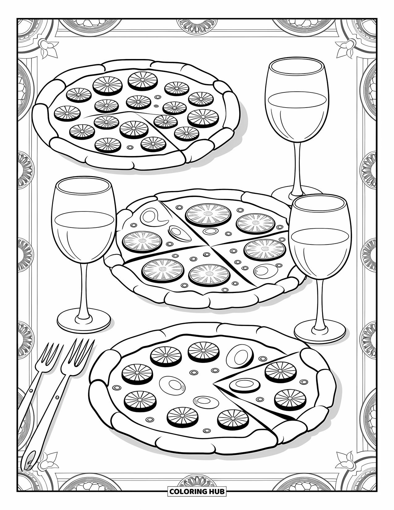 Pizza Coloring Page for Adults: An elegant pizza setup with multiple pizza styles, wine glasses, and artistic Italian-themed elements