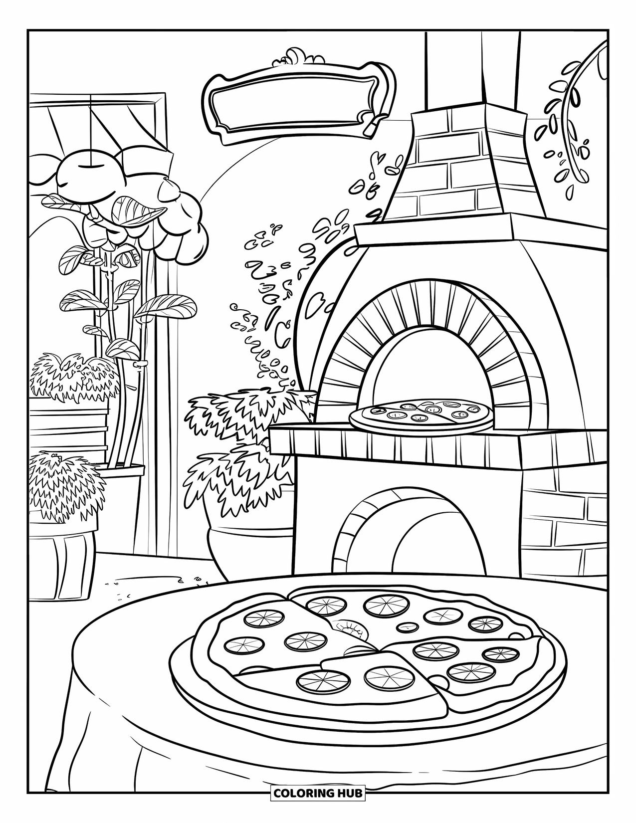 Pizza Coloring Page for Adults: An Italian pizzeria scene with a brick oven, fresh pizza on a table, and rustic details