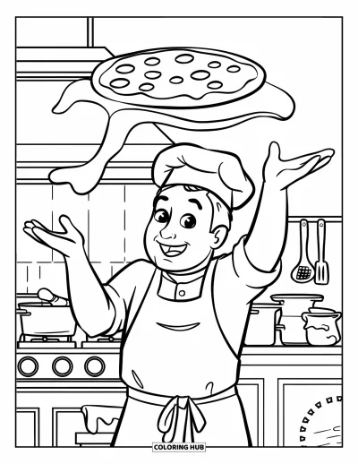 Målarbild med pizza för barn: En glad kock som kastar pizzadeg med ett stort leende i en trivsam köksmiljö