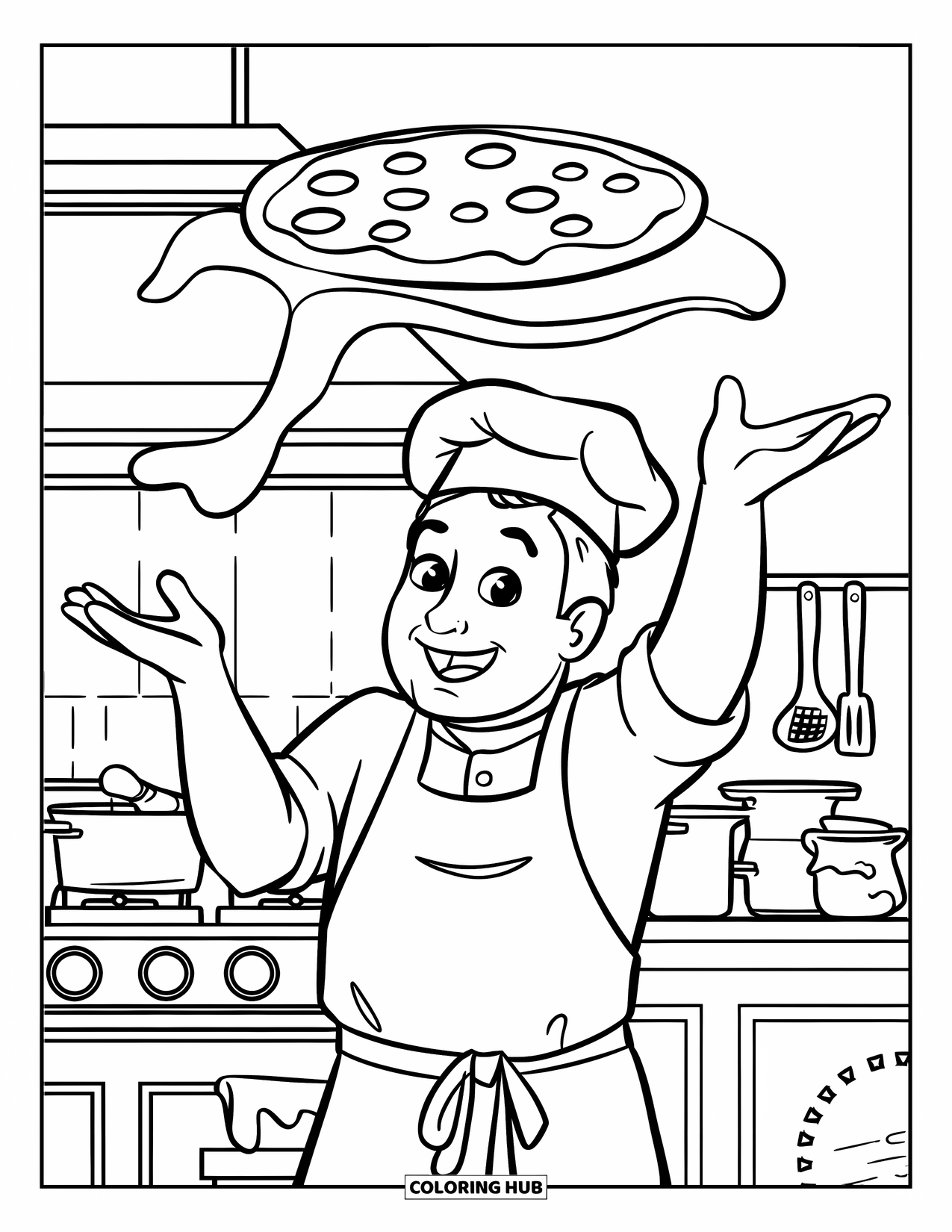 Pizza Coloring Page for Kids: A cheerful chef tossing pizza dough with a big smile in a cozy kitchen setting