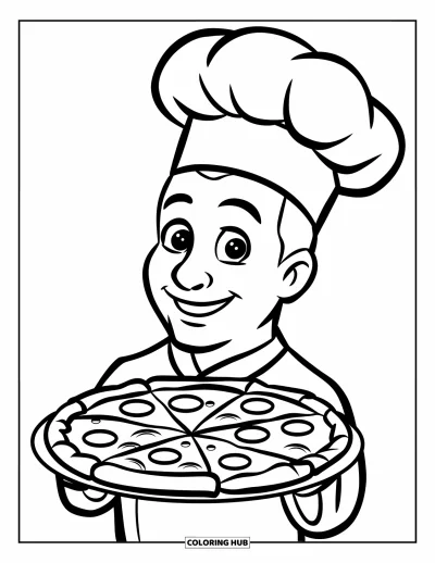 Målarbild med pizza för barn: En glad pizzabagare med en hög mössa som stolt visar upp en pizza på en bricka