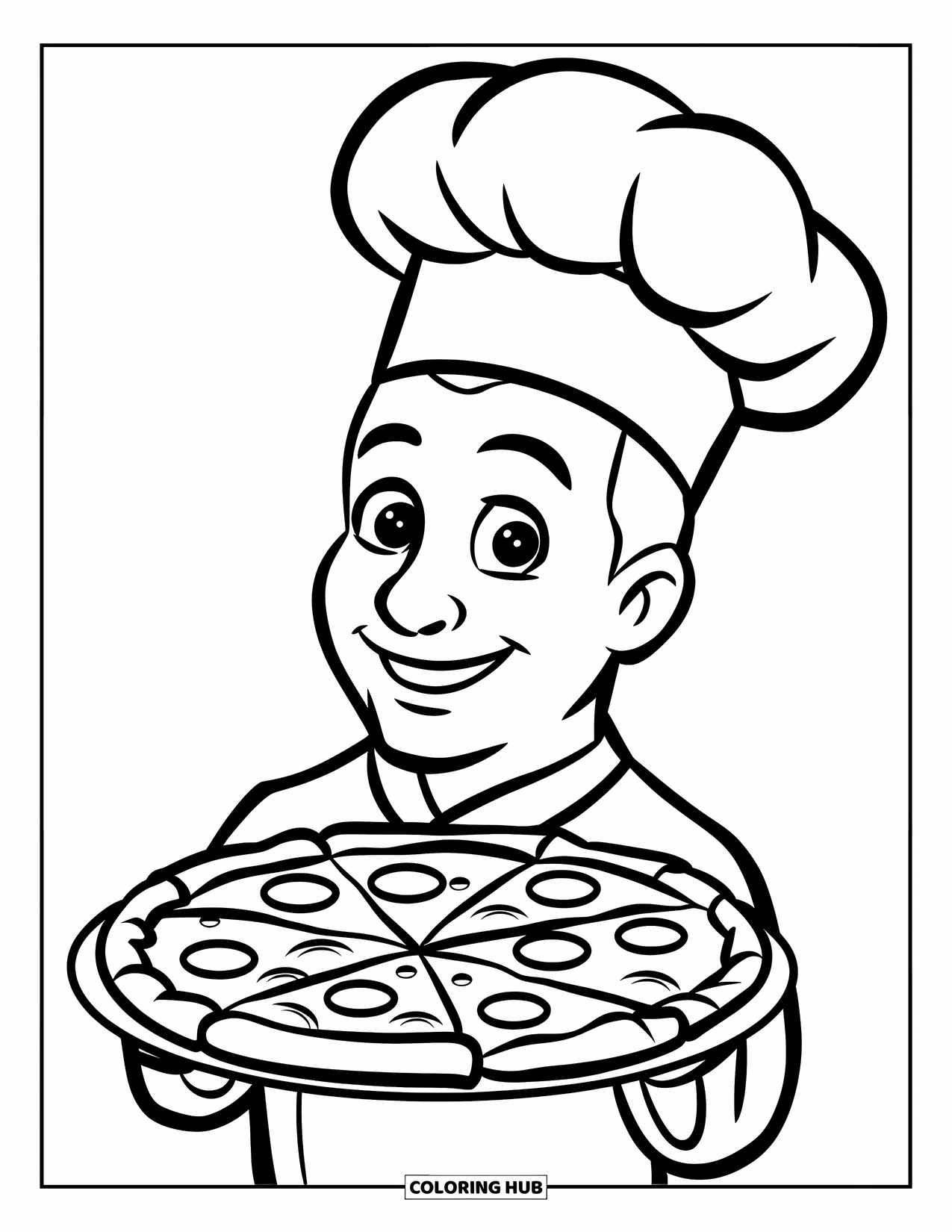 Pizza Coloring Page for Kids: A cheerful pizza chef with a tall hat, proudly presenting a pizza on a tray