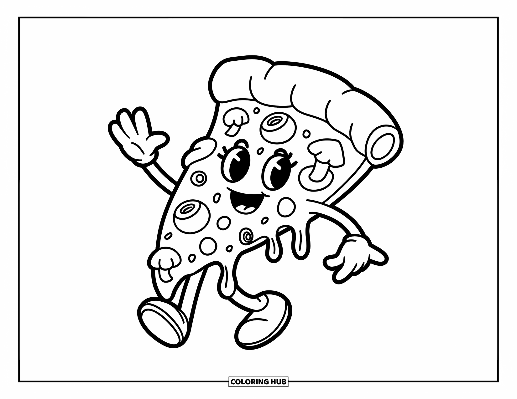 Pizza Coloring Page for Kids: A cheerful pizza slice with exaggerated toppings and a big smile, perfect for coloring