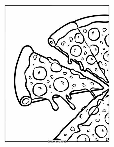 Målarbild med pizza för barn: En närbild av en pizzabit som lyfts upp med smält ost och läckra pålägg