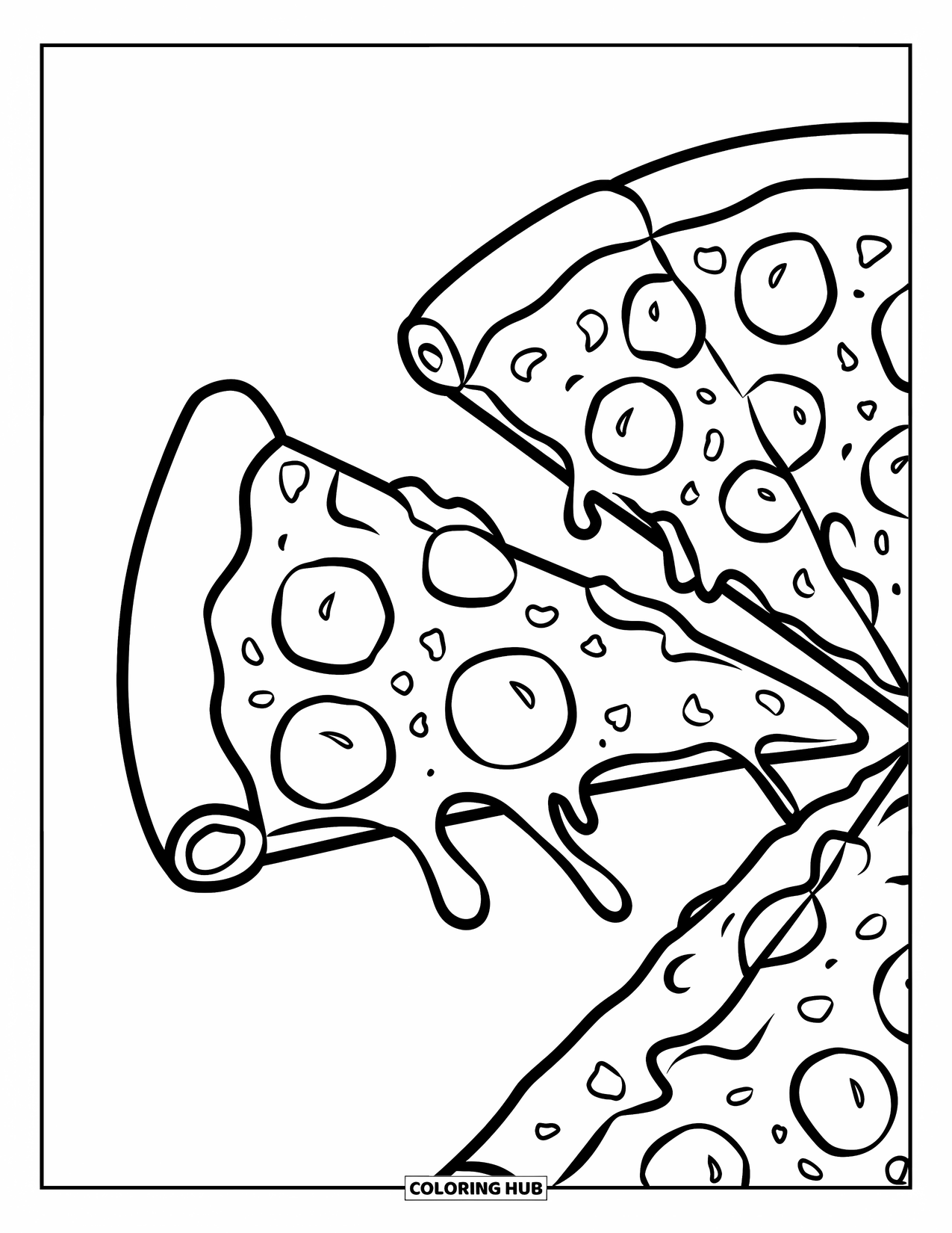 Pizza Coloring Page for Kids: A close-up of a pizza slice being lifted, showing gooey cheese and delicious toppings