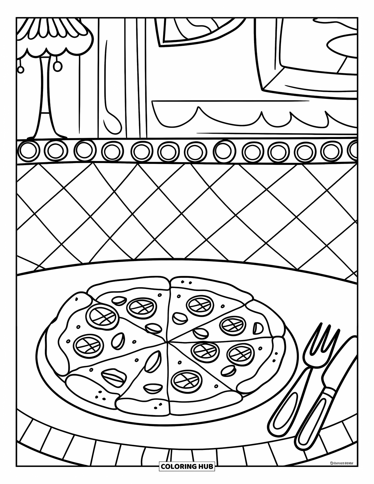 Pizza Coloring Page for Kids: A cozy restaurant scene with a plate of pizza, a checkered floor, and warm details