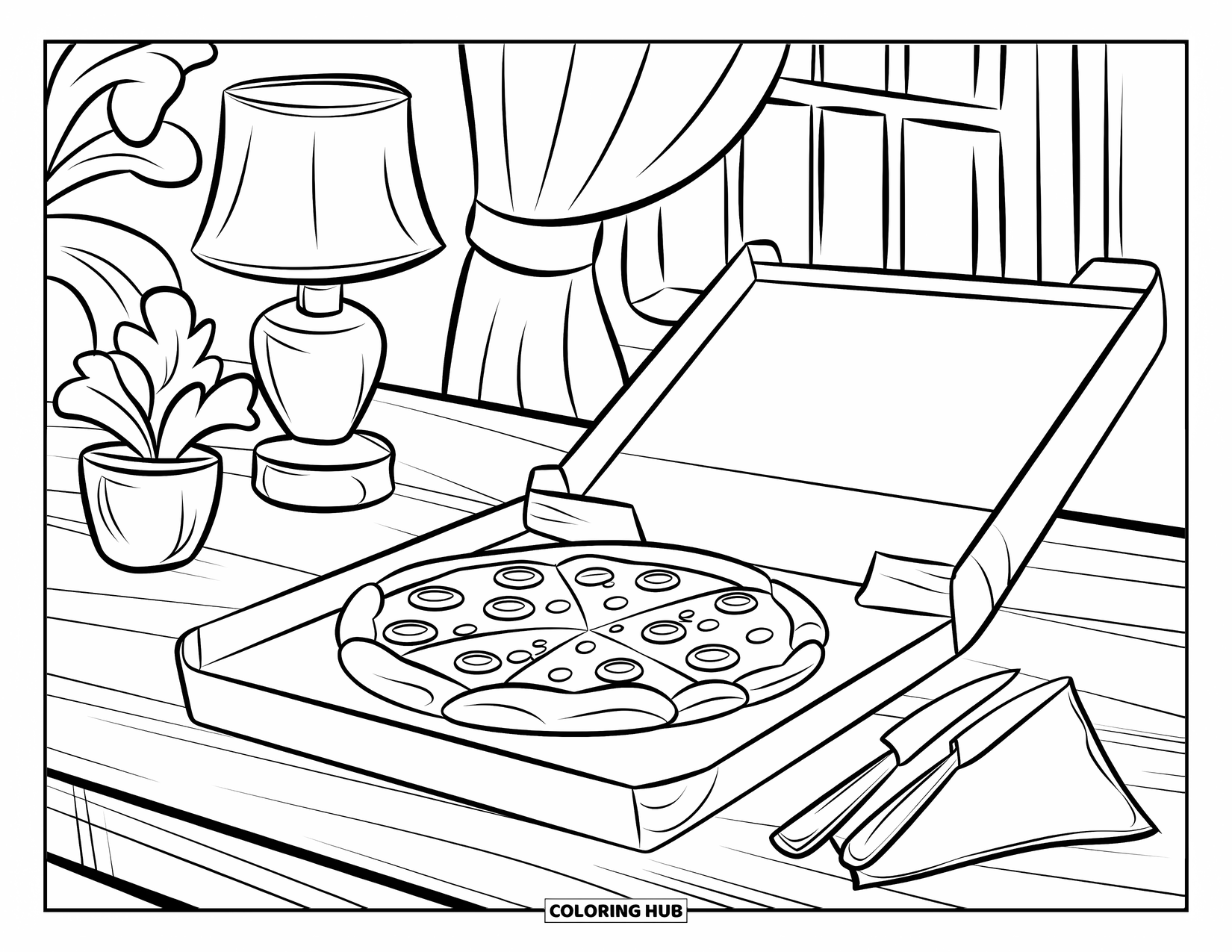 Pizza Coloring Page for Kids: A cozy room scene with a pizza on a wooden table, a fork, knife, and a window view