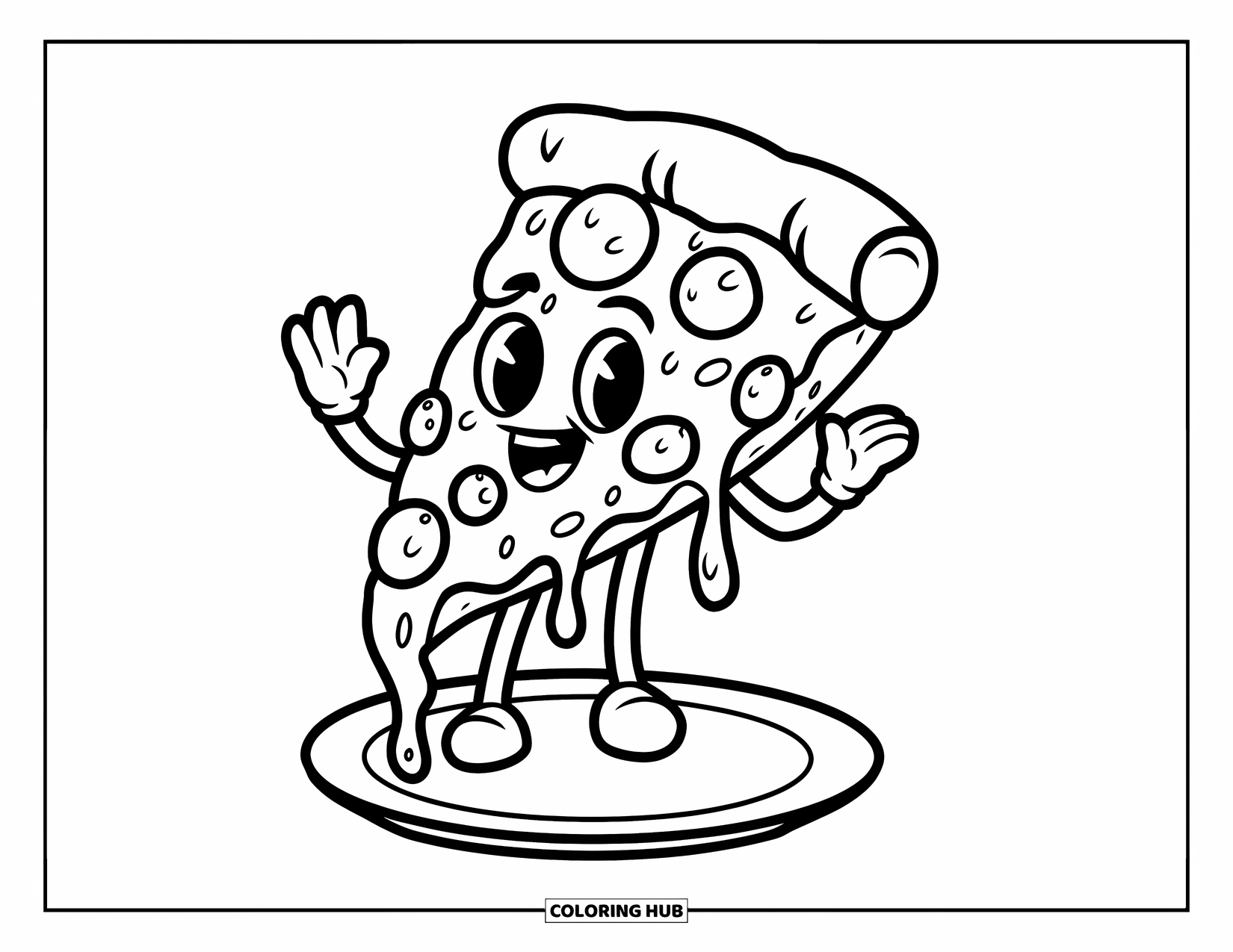 Pizza Coloring Page for Kids: A cute pizza slice character waving with gooey cheese stretching from the sides