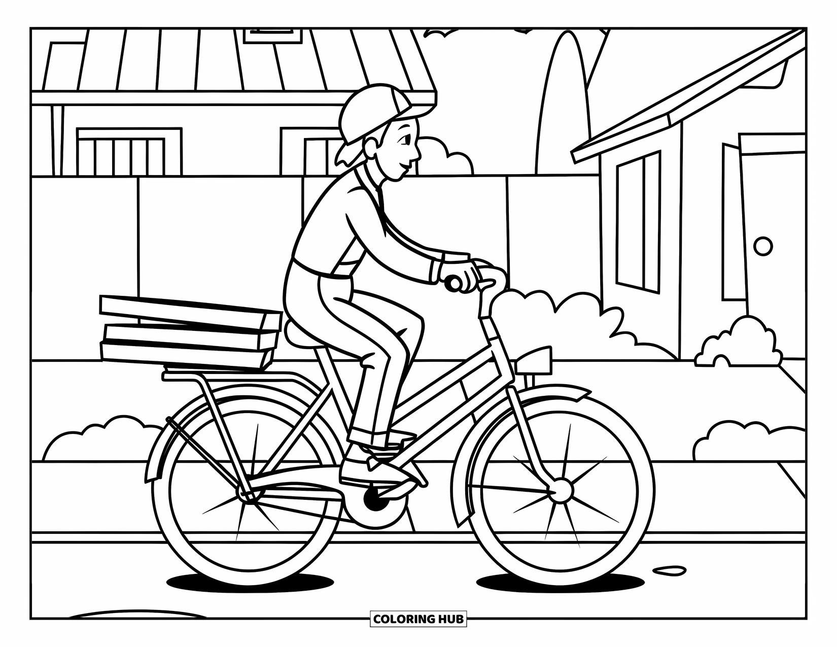 Pizza Coloring Page for Kids: A delivery worker on a bike carrying a pizza box, wearing a uniform and helmet