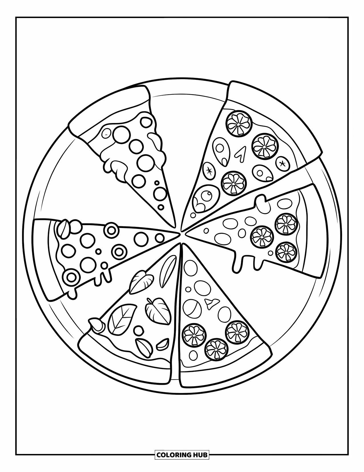 Pizza Coloring Page for Kids: A detailed pizza with four different toppings, perfect for a fun and creative coloring session