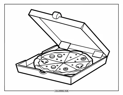 Målarbild med pizza för barn: En vänlig pizzakartong med ett roligt uttryck som avslöjar en pizza med svamp och oliver