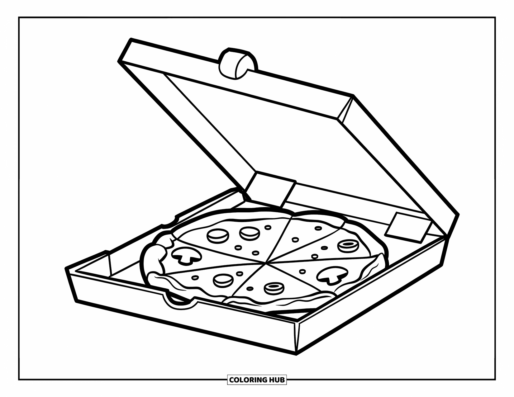 Pizza Coloring Page for Kids: A friendly pizza box with a fun expression, revealing a pizza with mushrooms and olives
