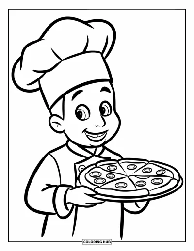 Målarbild med pizza för barn: En vänlig pizzabagare med ett stort leende som serverar en nybakad pizza på en bricka