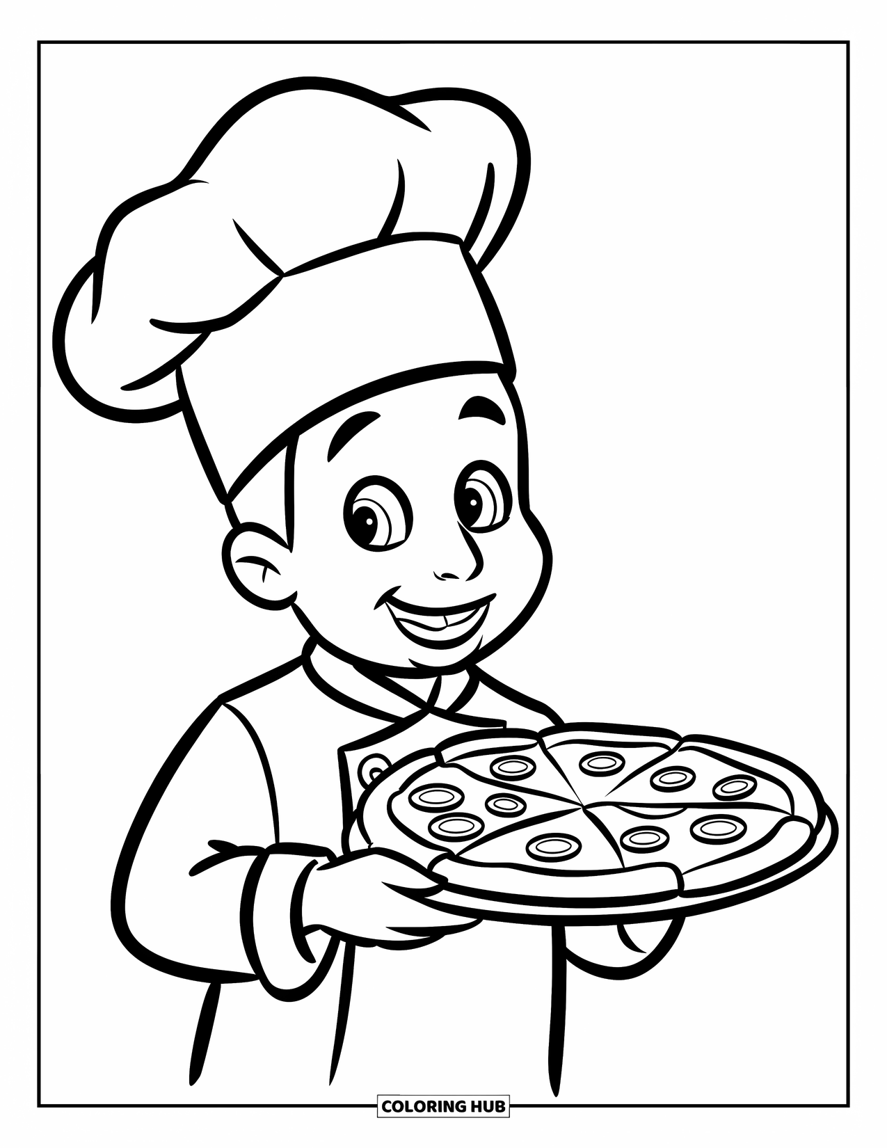 Pizza Coloring Page for Kids: A friendly pizza chef with a big smile, serving a fresh pizza on a tray