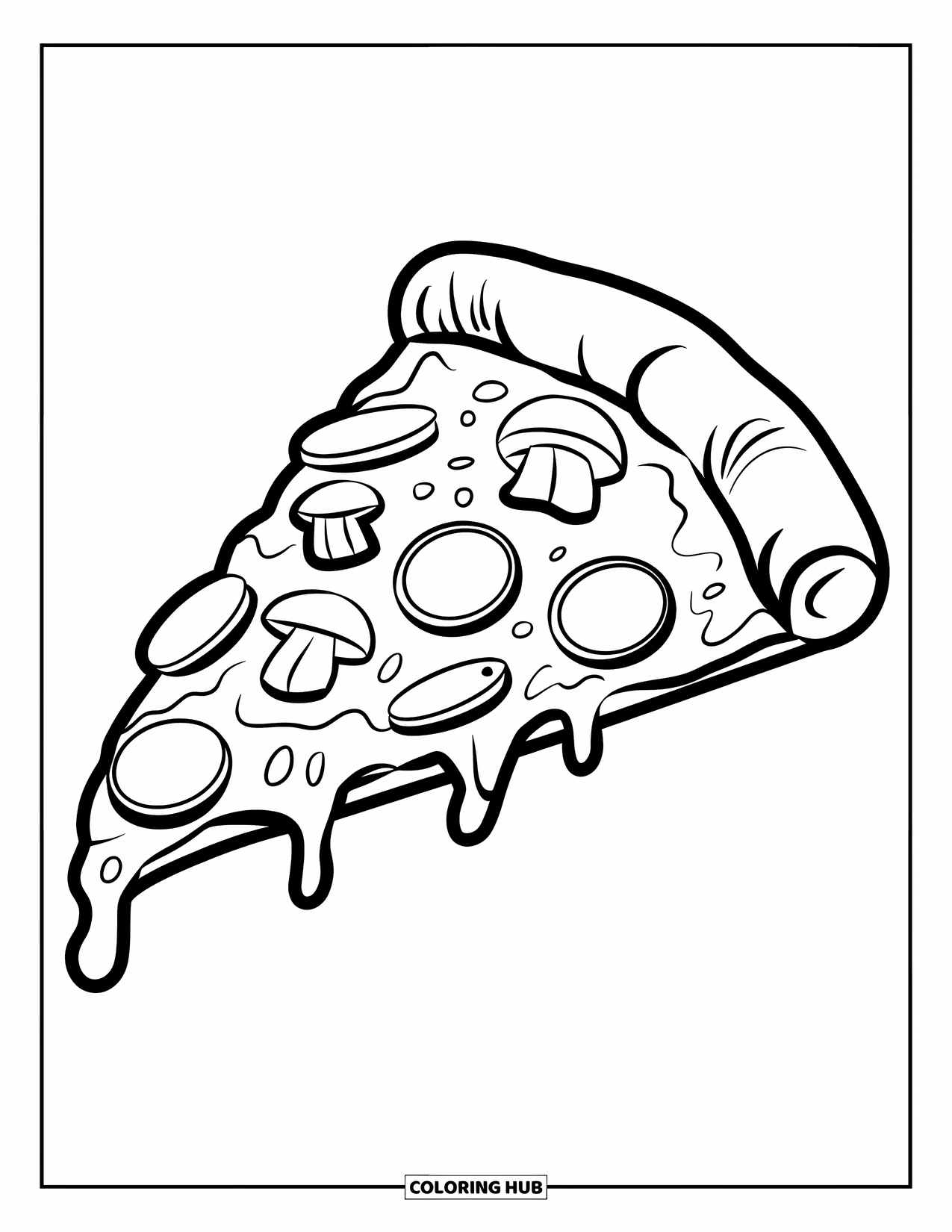 Pizza Coloring Page for Kids: A fun cartoon pizza slice with gooey cheese and classic toppings, perfect for coloring