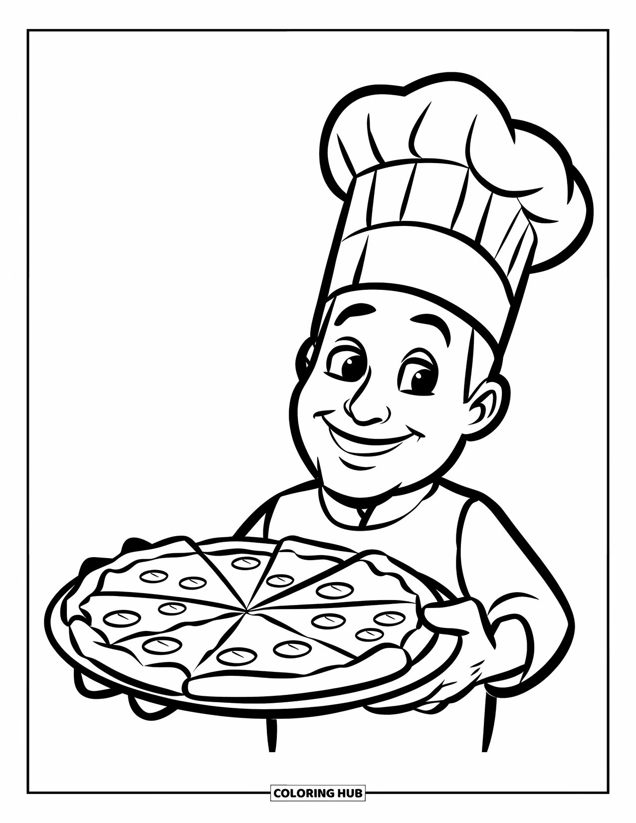 Pizza Coloring Page for Kids: A happy pizza chef in a tall hat, holding a pizza with delicious toppings on a tray