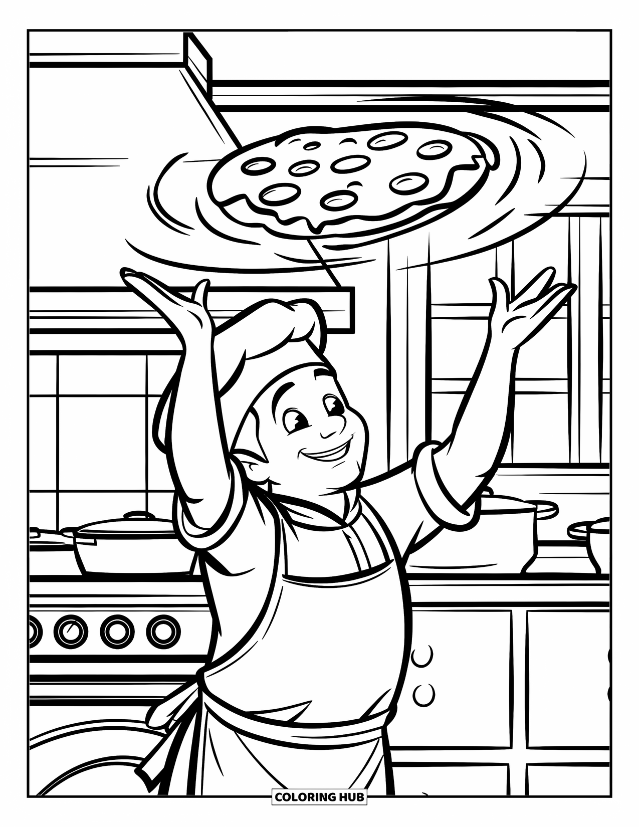 Pizza Coloring Page for Kids: A happy pizza chef tossing dough in the air, set in a lively kitchen scene