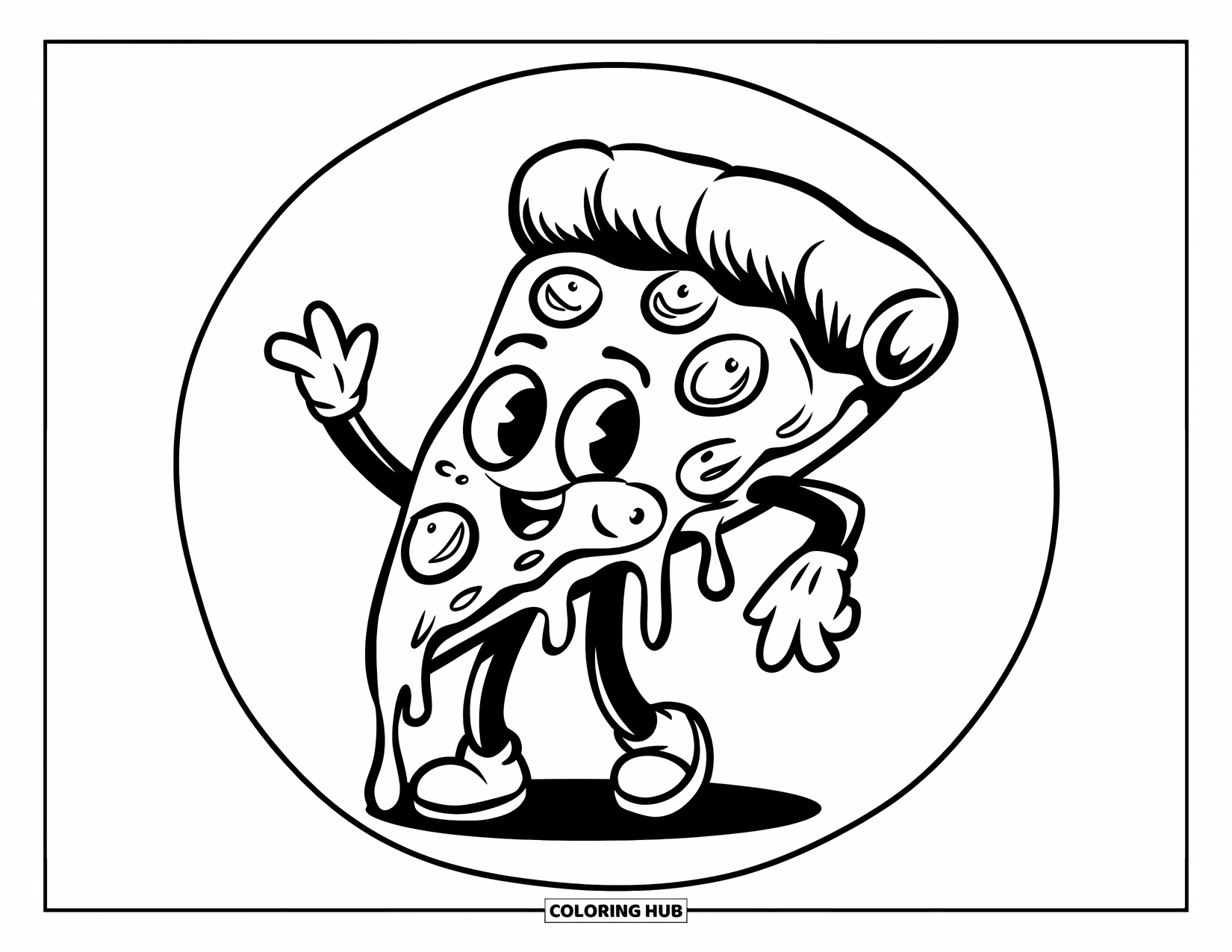 Pizza Coloring Page for Kids: A happy pizza slice with arms and legs, topped with gooey cheese and delicious toppings