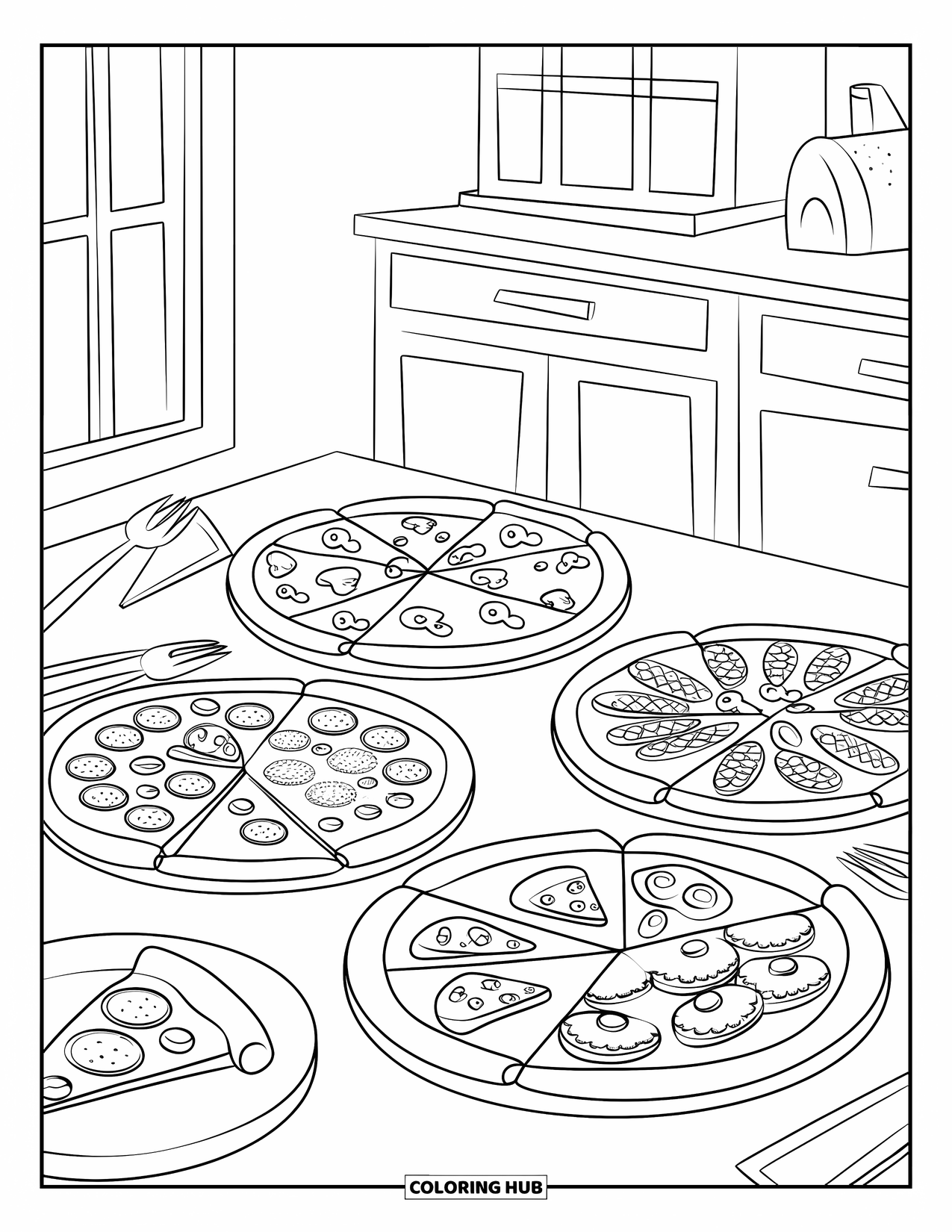 Pizza Coloring Page for Kids: A kitchen table with three pizzas, a salad bowl, and a pitcher in a festive setting