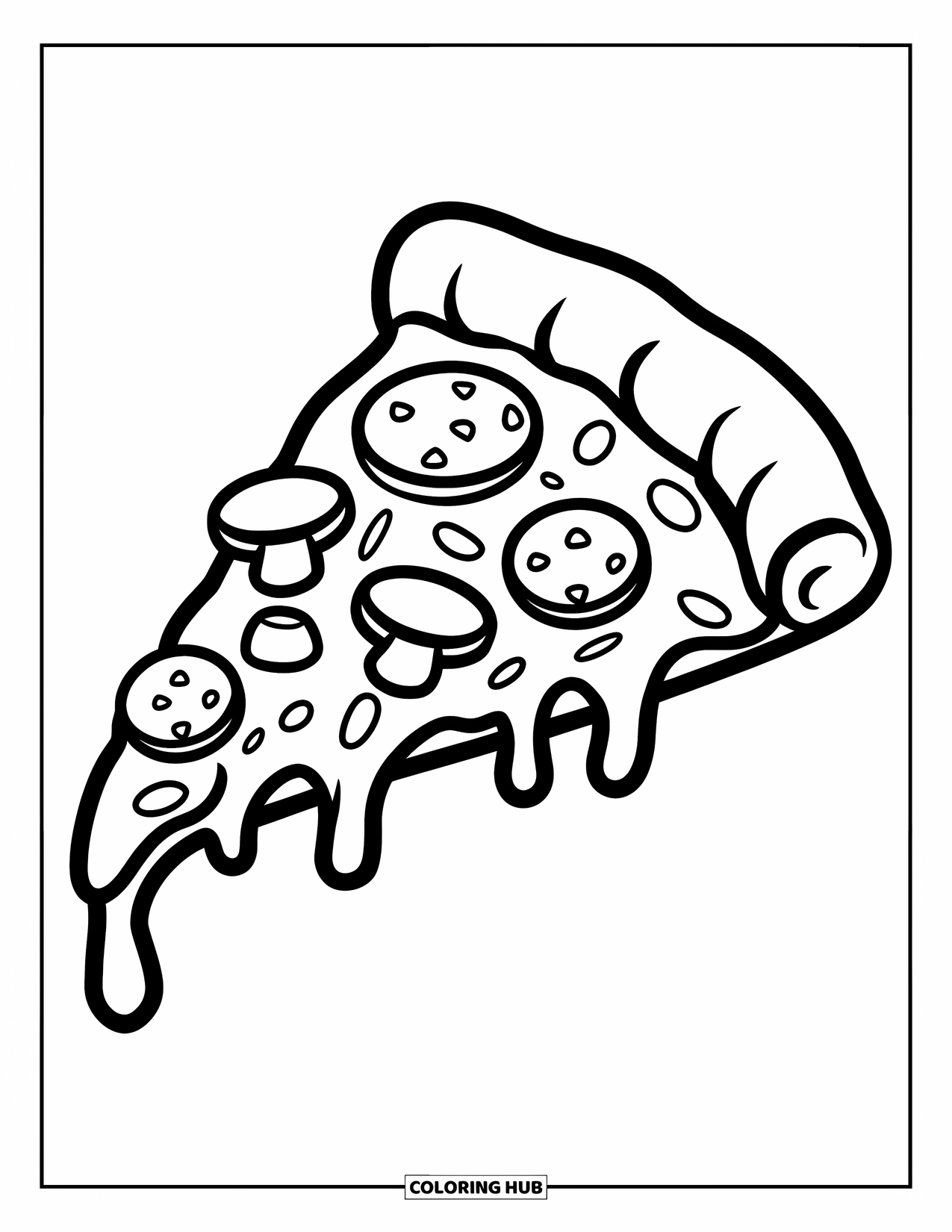 Pizza Coloring Page for Kids: A large cartoon pizza slice with bold toppings like pepperoni, cheese, and mushrooms