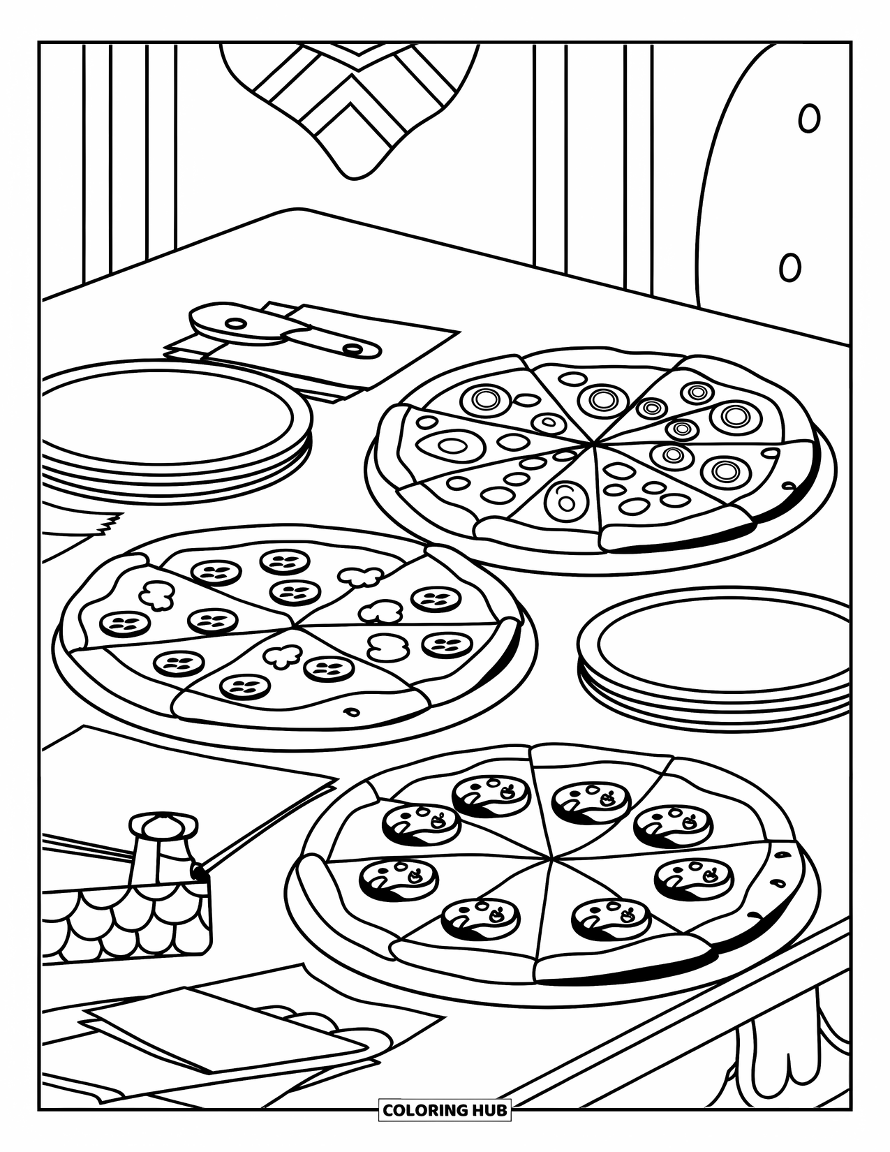 Pizza Coloring Page for Kids: A lively pizza party scene featuring a table with unique pizzas, utensils, and decorations